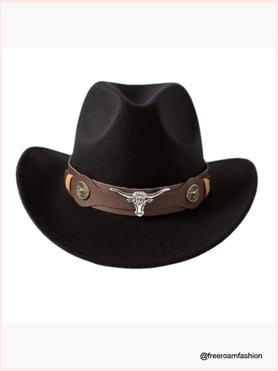 Classic Felt Cowboy Hat with Buckle Belt, Wide Brim Western Vintage Fedora